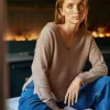 Fashion Pull col V Melya - Camel Mailles