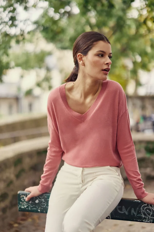 Online Pull col V Melya - Vieux Rose Mailles