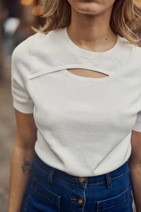 Clearance Pull manches courtes Maiwen - Blanc Mailles